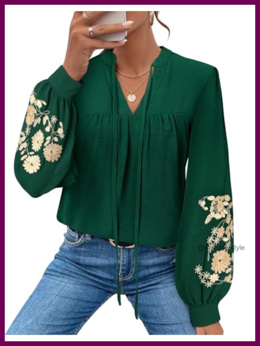 Womens Floral Embroidered Boho Peasant Blouse V-Neck Long Sleeve Tie Front